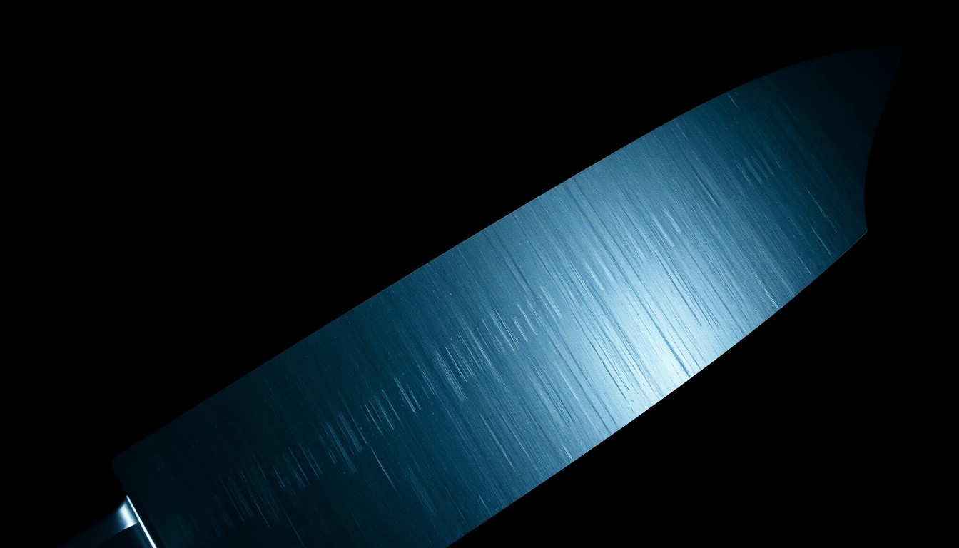 An extreme close-up photograph of a large butcher knife against a pitch-black background, lit by a harsh, direct camera flash, conceptually illustrating the weapon used in the attack on the police officer.