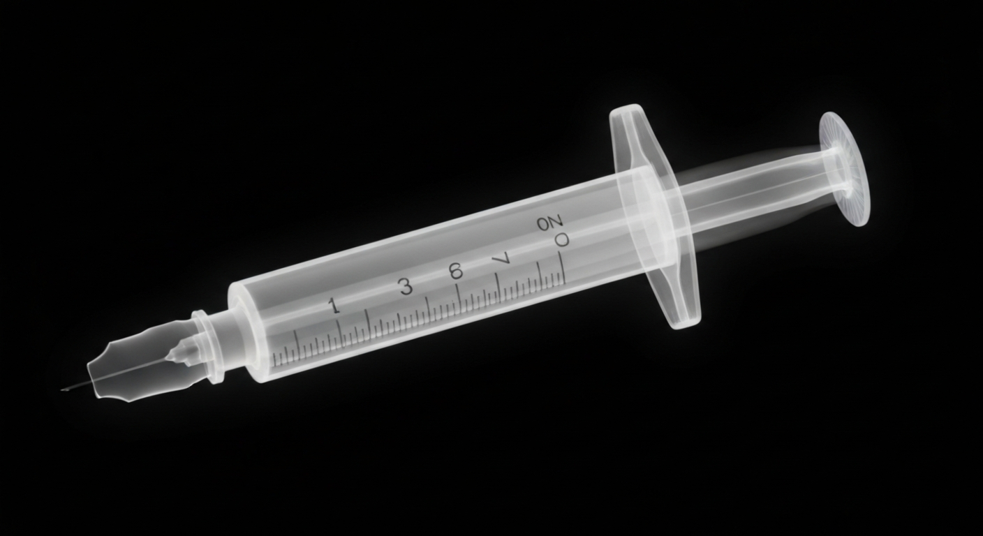 A translucent, ghostly X-ray photograph of a medical syringe or vial, its internal structure glowing against a dark background, conceptually representing the importance of securing access to essential medicines during a time of global uncertainty.