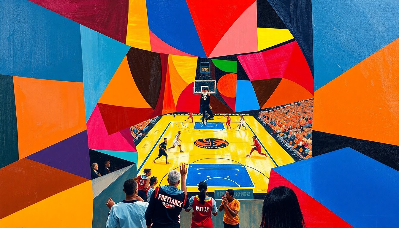 A cubist, geometric painting depicting the motion and energy of a WNBA basketball game, with overlapping planes of bright team colors representing the dynamic action on the court.