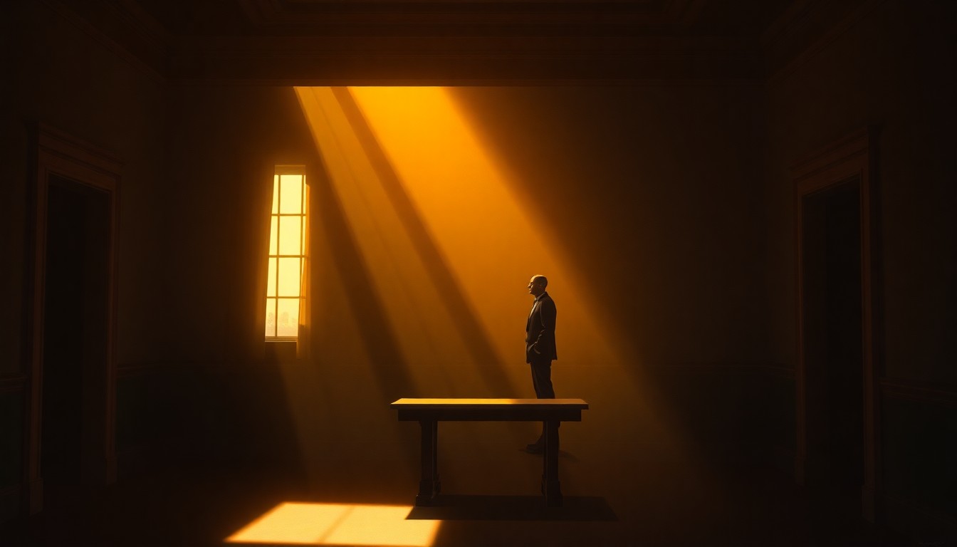 A moody, atmospheric painting featuring a lone politician standing in a shadowy government office, the scene bathed in warm, dramatic lighting that creates a sense of quiet contemplation.