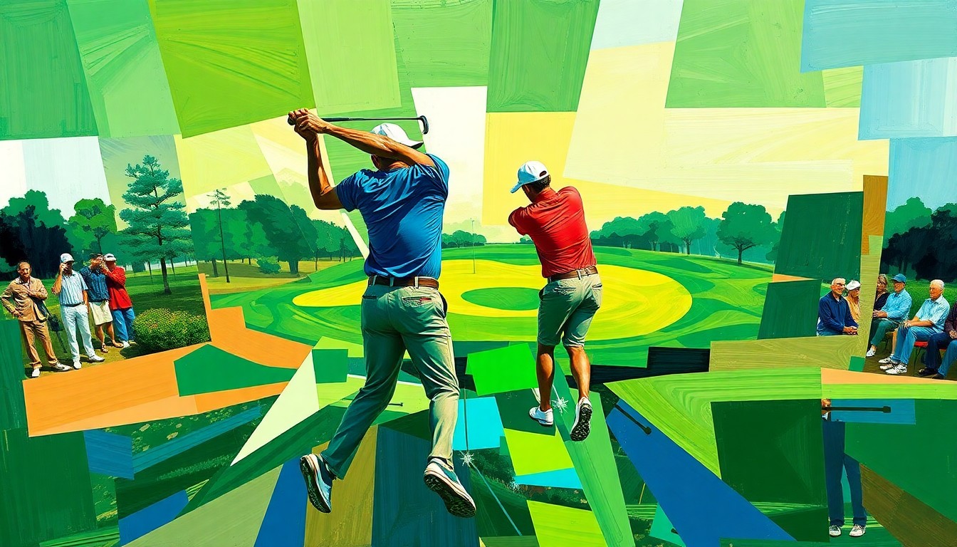 A cubist, geometric painting depicting the fractured movements and energy of a golfer's swing on the course, with overlapping planes of vibrant greens, browns, and blues.