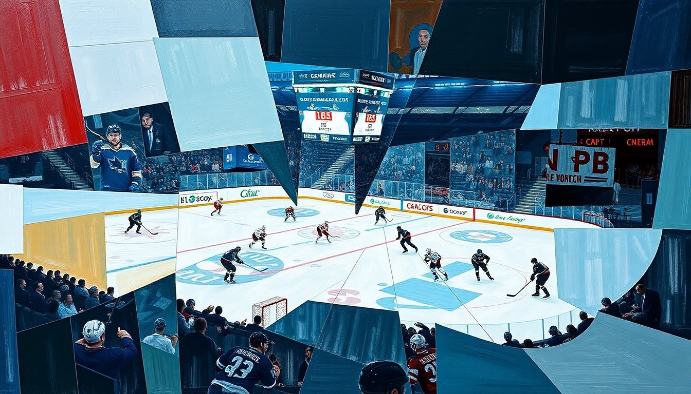 A cubist, geometric painting depicting a San Jose Sharks hockey game, with the players and the action broken down into sharp, overlapping planes of color and shape, conveying the team's transformation and renewed sense of belief.