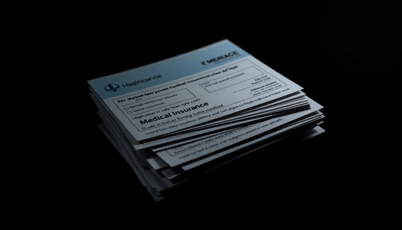 An extreme close-up of a stack of medical insurance cards and documents, the harsh lighting creating dramatic shadows and textures that convey the gritty, investigative nature of this health care fraud case.