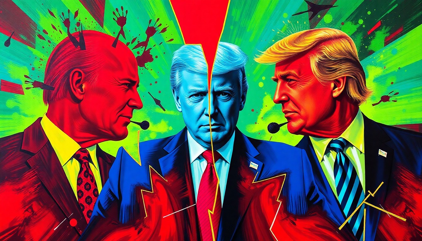 A surreal, fragmented painting depicting the silhouettes of three men in a chaotic, overlapping motion, representing the proposed political cage match. The figures are rendered in bold, clashing colors, evoking a sense of high-energy conflict.