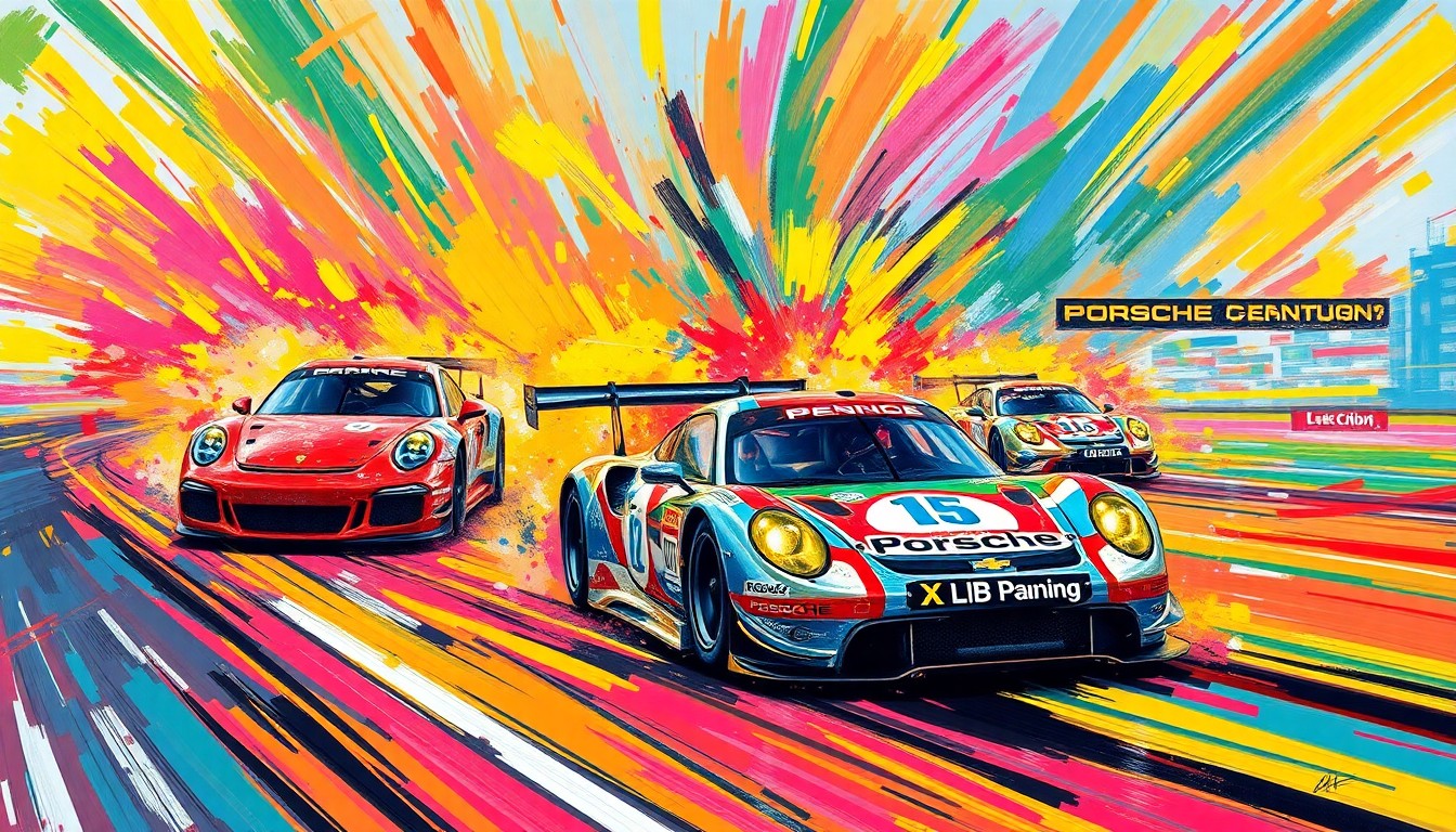 An abstract, expressionist painting in vibrant neon colors, capturing the dynamic movement and energy of Porsche race cars speeding through the Sebring circuit, with the shapes and forms of the vehicles blending into a chaotic, yet visually captivating scene.