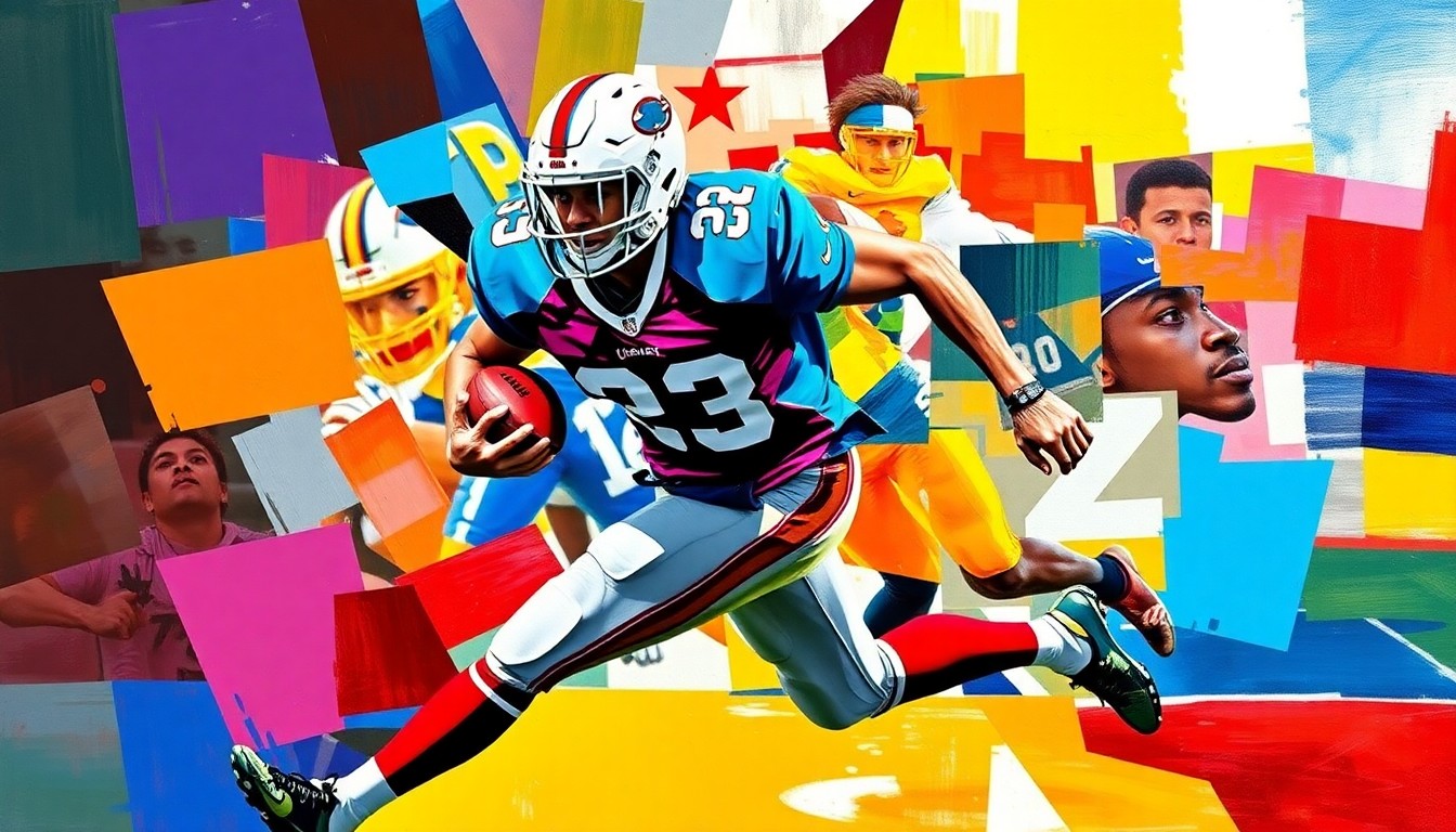A fractured, geometric painting depicting a college football player in motion, with sharp planes of color representing the team's official colors.