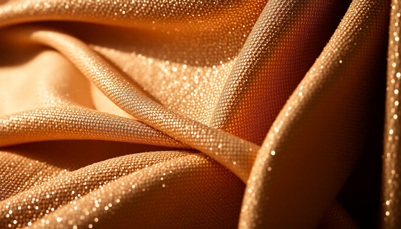 An abstract, high-contrast close-up photograph showcasing the luxurious texture and shimmer of an ornate fabric, conceptually representing the glamour and opulence of Queen Elizabeth II's royal fashion legacy.