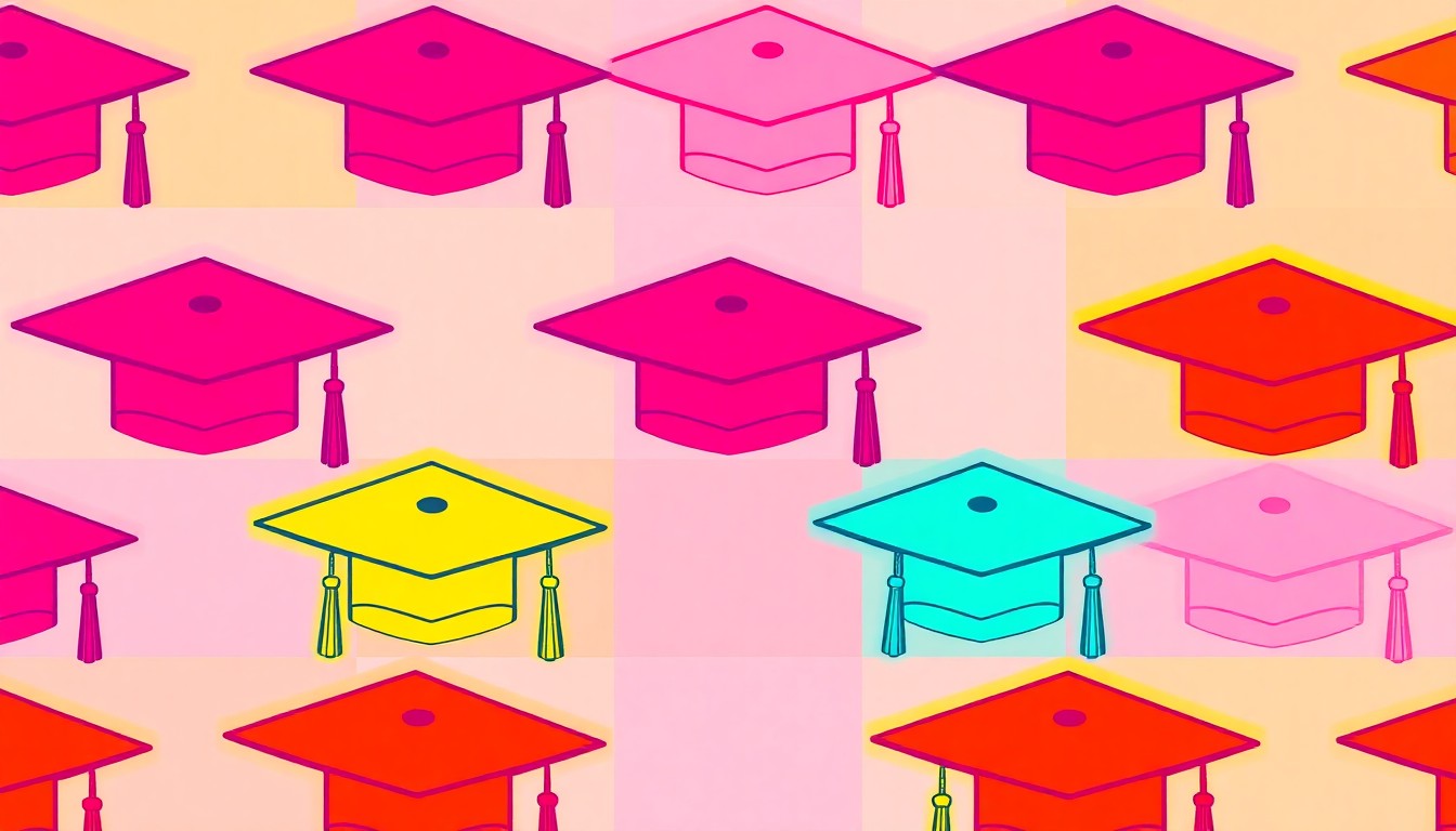 A bold, colorful silkscreen print featuring a repeated icon of a graduation cap in a grid pattern, conceptually representing the academic opportunities provided by the scholarship program.