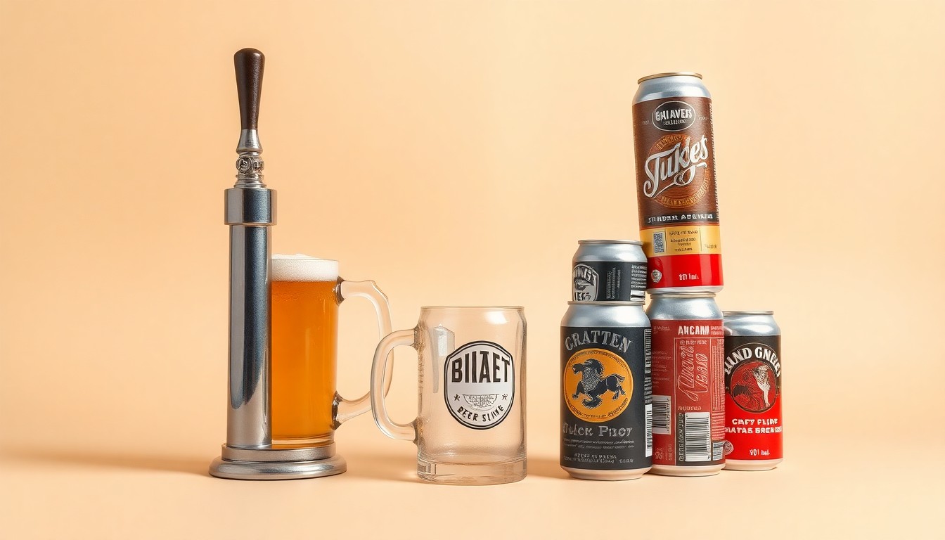 A high-end, photorealistic studio still-life photograph featuring a polished metal beer tap handle, a glass beer stein, and a stack of craft beer cans on a clean, monochromatic background, conceptually representing the rise and fall of the craft brewing industry.