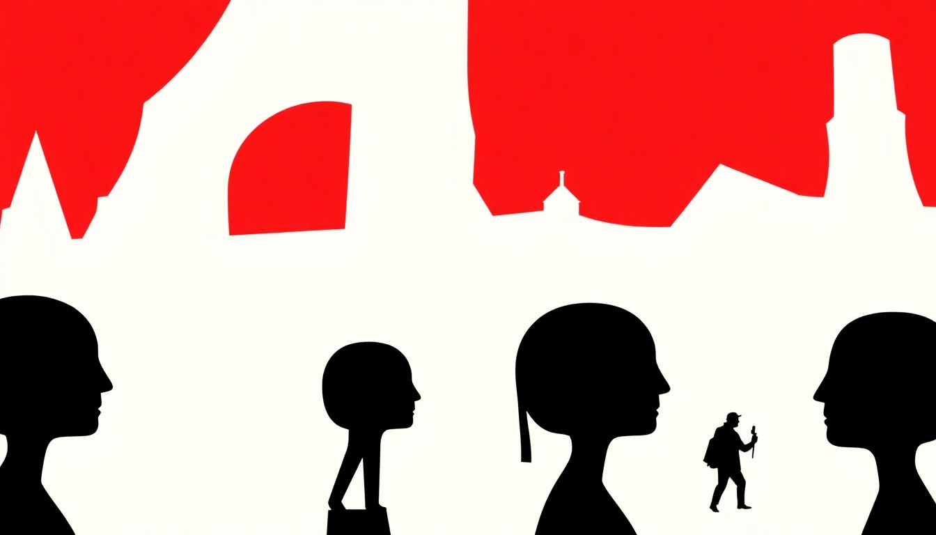 A minimalist, abstract illustration featuring bold, jagged shapes in high-contrast red and white, conceptually representing the diverse range of films at the Minneapolis St. Paul International Film Festival.