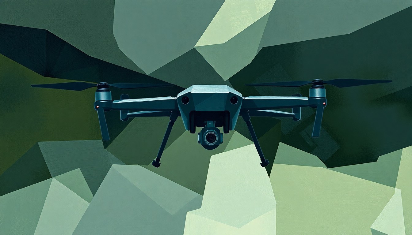 A conceptual illustration featuring overlapping, fractured geometric shapes in shades of grey, navy, and olive green, representing a drone in motion and conveying a sense of threat and vulnerability.