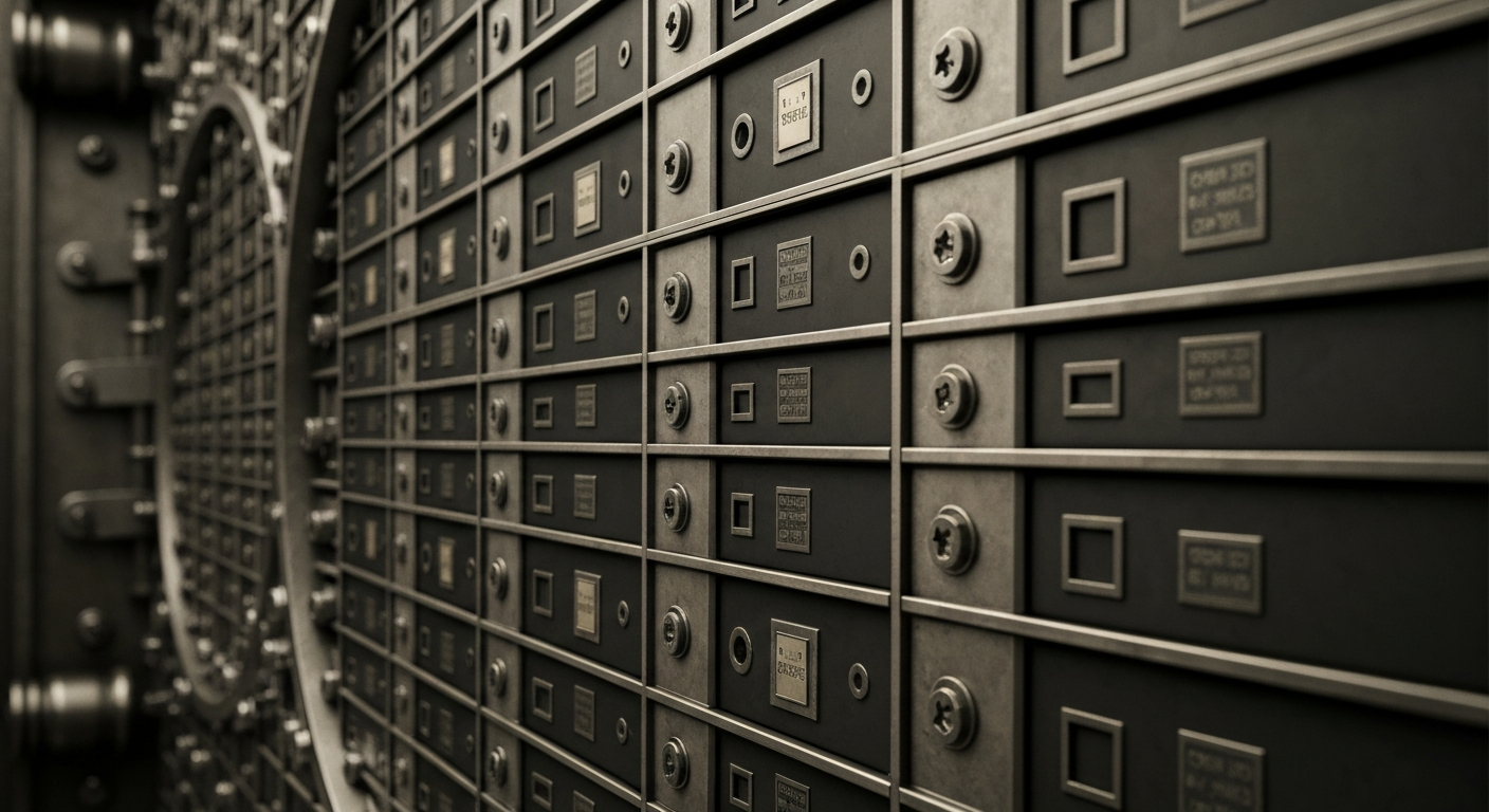 A highly detailed, cinematic close-up of the intricate inner workings of a bank vault or ATM, conveying the weight and security of financial institutions without using any literal currency or charts.