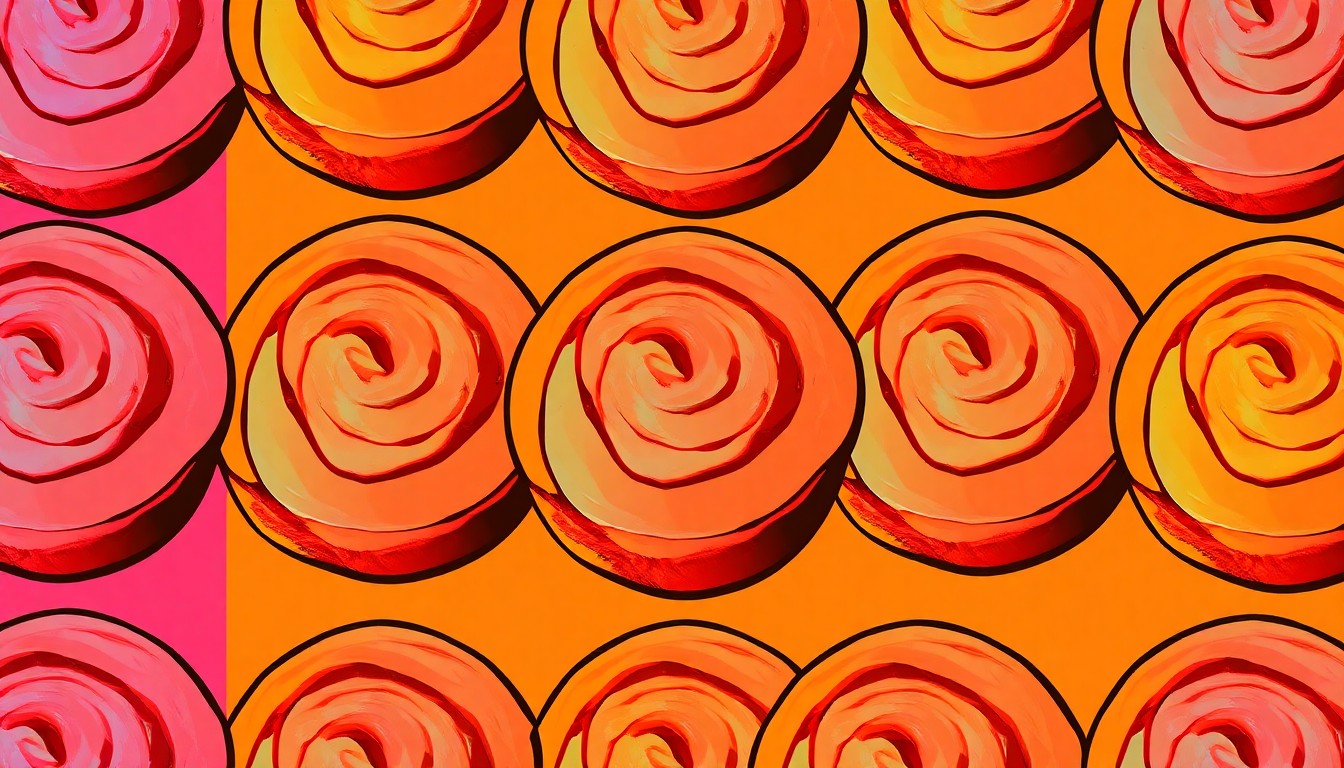 A bold, stylized illustration featuring a repeating pattern of a single vegan cinnamon roll with swirls of bright pink, purple, and orange frosting, conceptually representing the vibrant revival of this beloved local bakery.