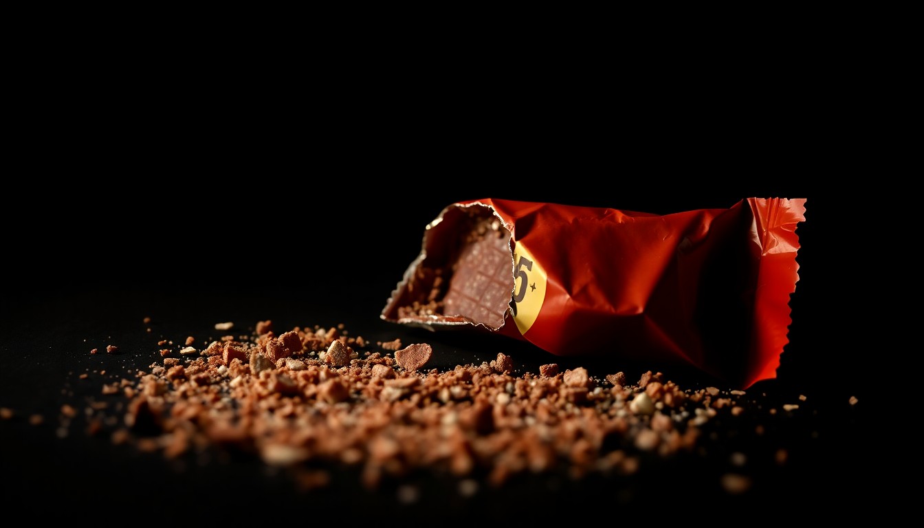 An extreme close-up photograph of a broken chocolate bar wrapper and scattered crumbs against a pitch-black background, conveying the dangerous consequences of improper storage of controlled substances.