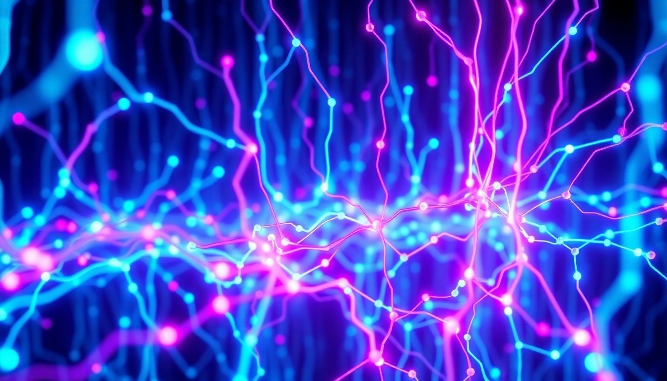 A highly detailed, glowing 3D illustration of a futuristic AI neural network, with pulsing neon cyan and magenta lights representing the flow of data. The network appears tangible and physical, grounding the abstract concept of AI-driven search in a high-tech, cyberpunk aesthetic.