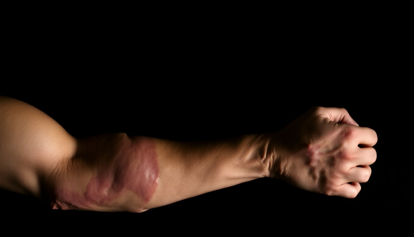 An extreme close-up photograph of a swollen, bruised human arm against a pitch-black background, conceptually illustrating the physical harm caused by an attempted abduction.