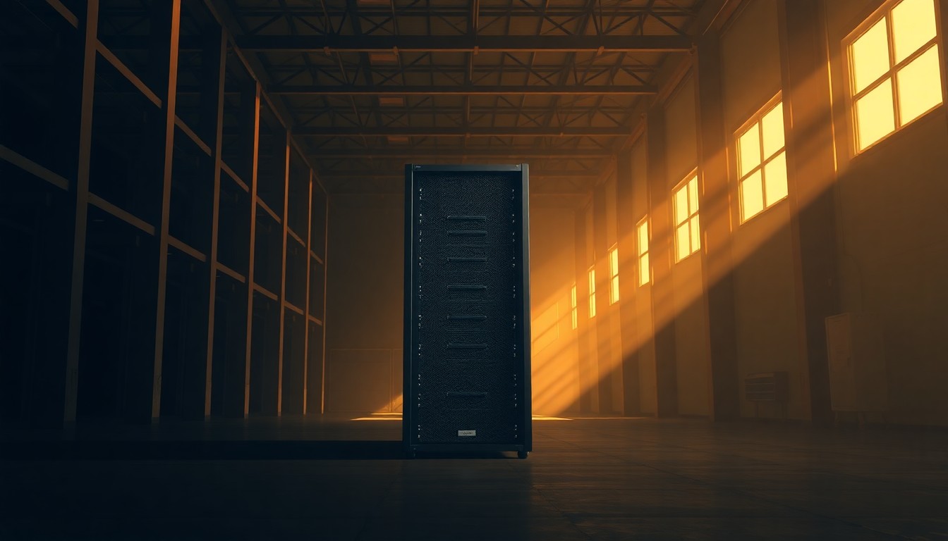 An extreme close-up of a solitary data center server rack standing alone in a dimly lit, cavernous warehouse space, bathed in warm diagonal sunlight and deep shadows, conceptually illustrating the tension between technological growth and environmental stewardship.