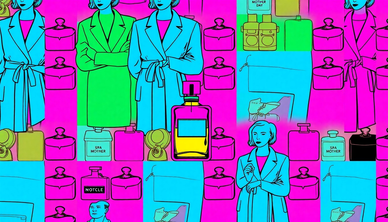 A brightly colored, high-contrast silkscreen print of a single, iconic Mother's Day gift item such as a spa robe or perfume bottle, repeated in a tight grid pattern to capture the essence of a relaxing self-care experience.