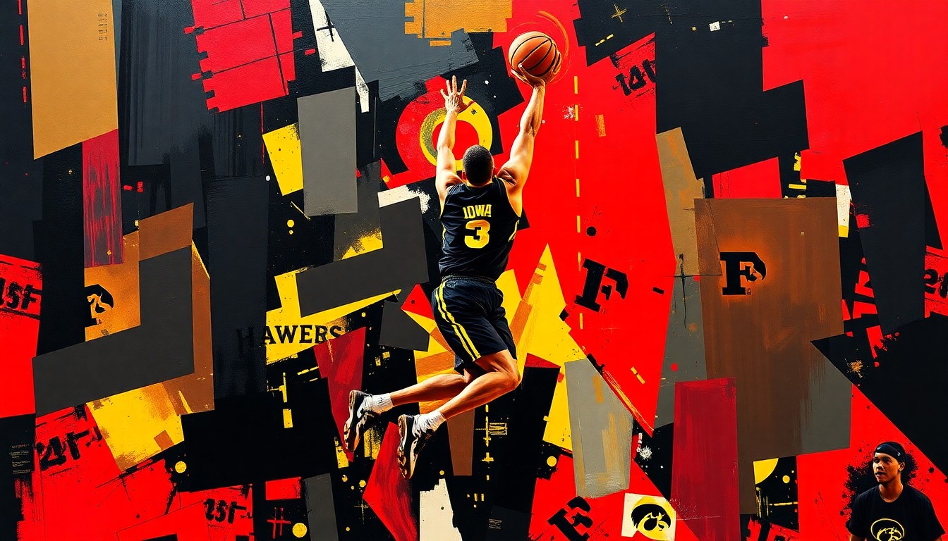 A cubist, geometric painting depicting a basketball player mid-jump shot, broken down into overlapping planes of black, gold, and crimson red, representing the Iowa Hawkeyes' official team colors.