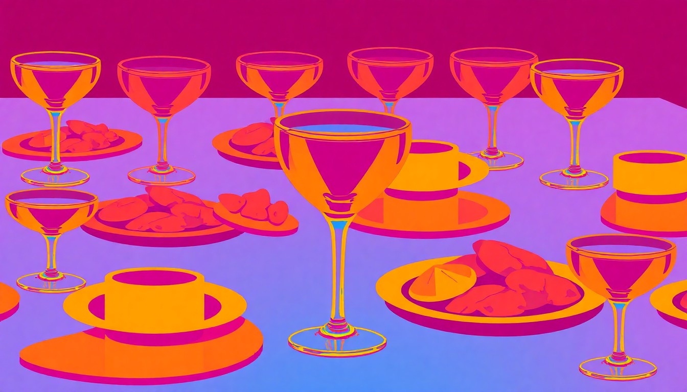 A brightly colored, high-contrast silkscreen print of a single, iconic cocktail glass or plate of food, repeated in a tight grid pattern in the style of Andy Warhol, conceptually representing the new dining and drinking experience at Trust and Tellers Lounge in downtown Grand Rapids.