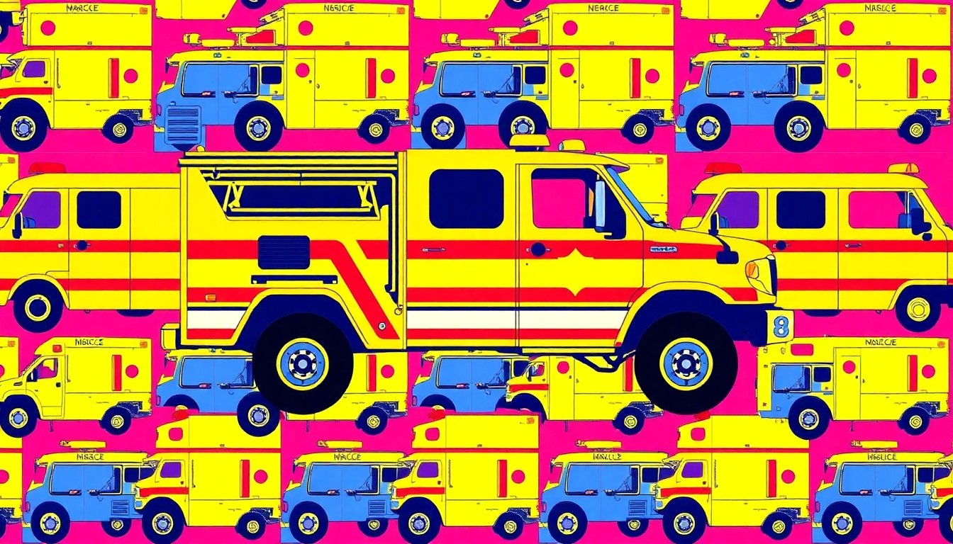 A high-contrast, brightly colored silkscreen print depicting an iconic emergency response object such as a fire truck or ambulance, repeated in a grid pattern to create a vibrant, abstract pop art composition.