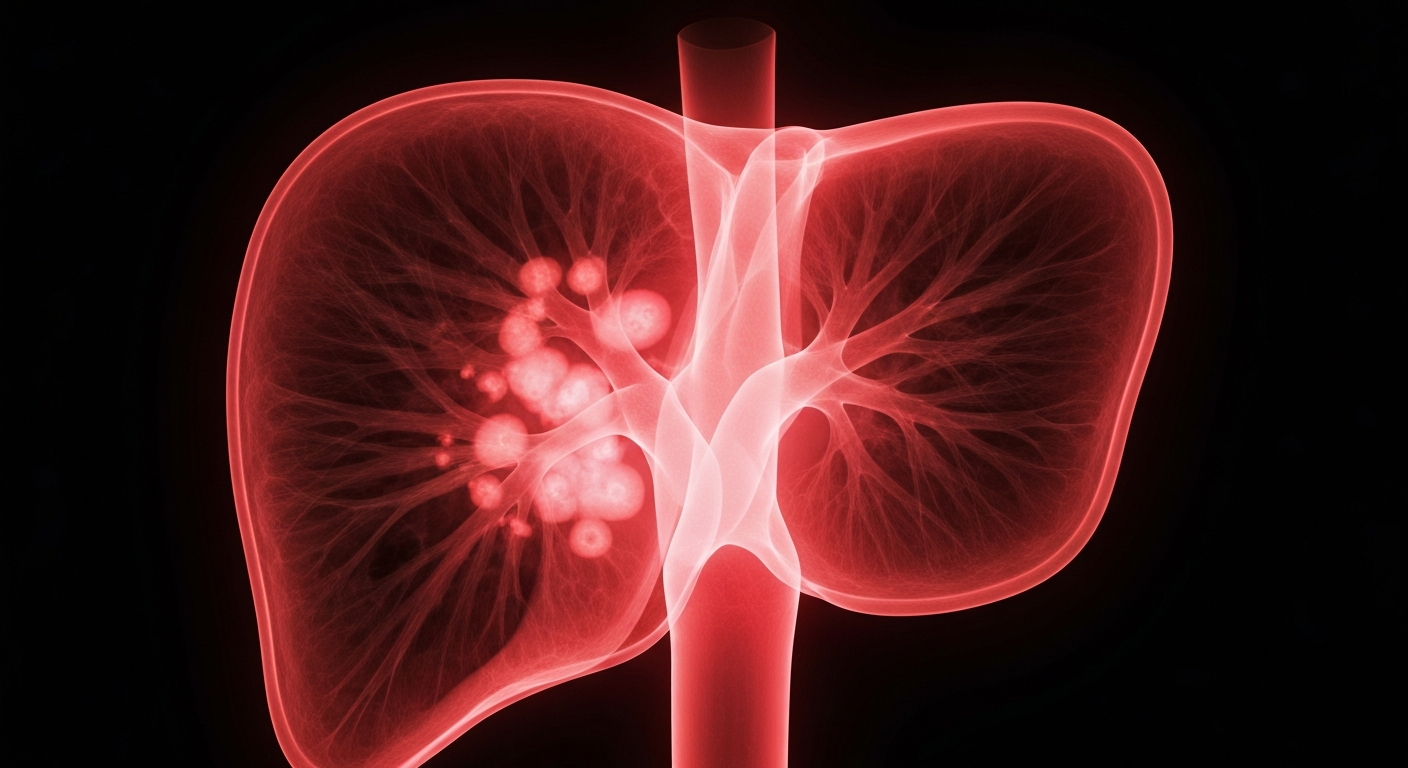 A translucent, ghostly X-ray image revealing the internal structures of a human liver, with faint red highlights indicating the presence of tumors.