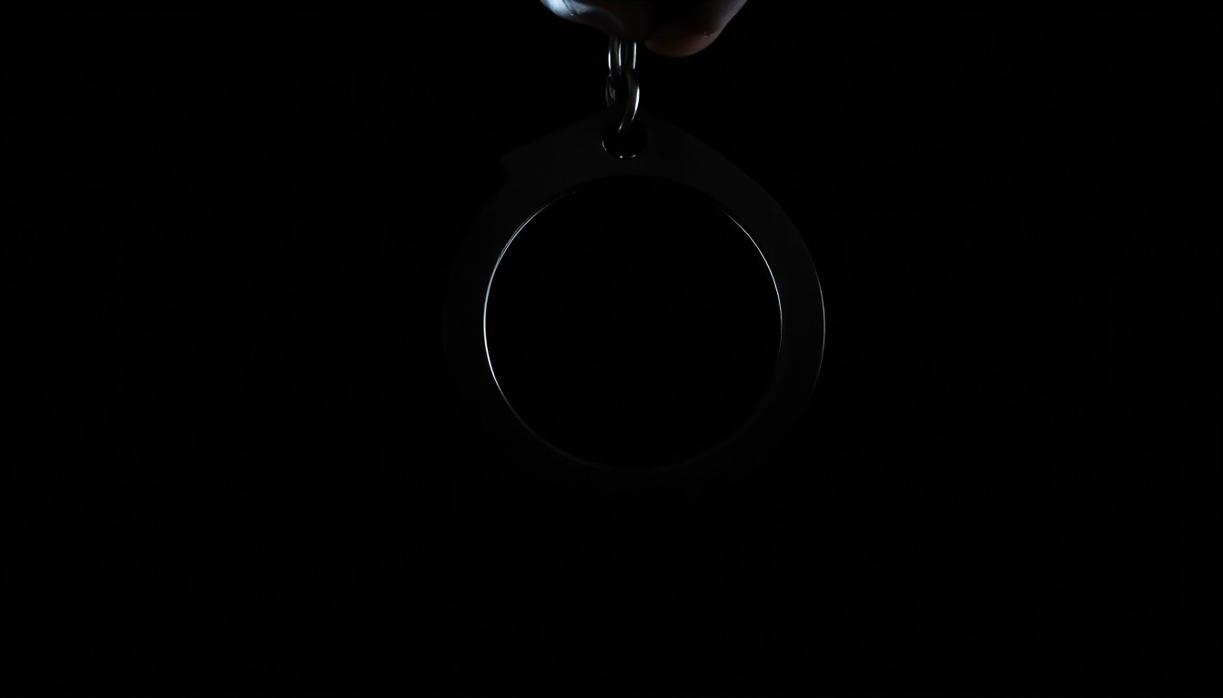An extreme close-up photograph of a handcuff or other law enforcement equipment against a pitch-black background, lit by a harsh, direct camera flash, conceptually representing the investigative work of the Operation Relentless Pursuit task force.
