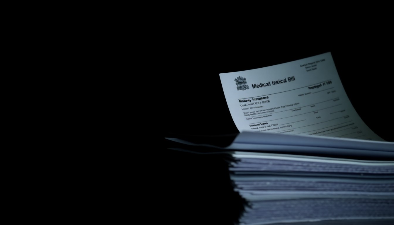 An extreme close-up of a stack of medical forms and documents, the harsh flash illuminating the intricate textures and details, conceptually representing the investigation into a major fraud case.