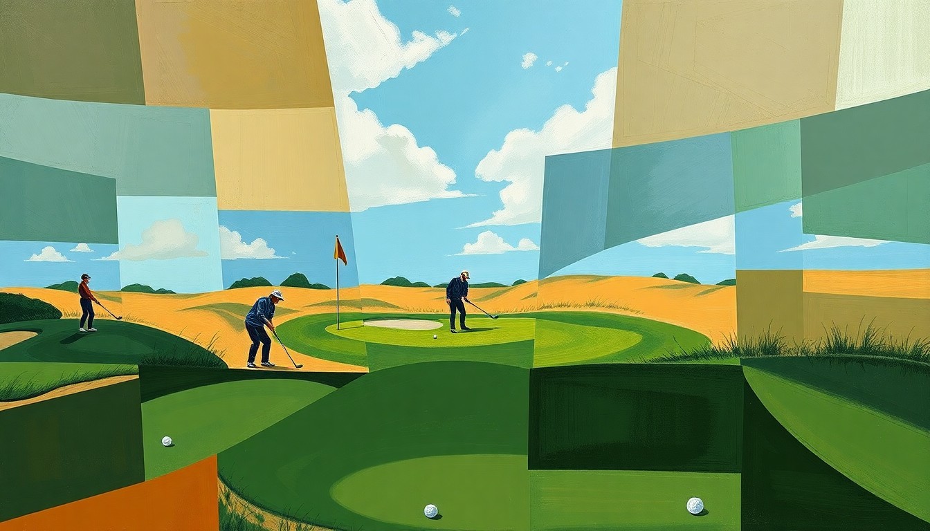 A cubist, geometric painting depicting a fractured golf course scene with players, clubs, and balls in a palette of greens, browns, and blues, conceptually representing the charitable spirit of the Saints Hall of Fame golf tournament.