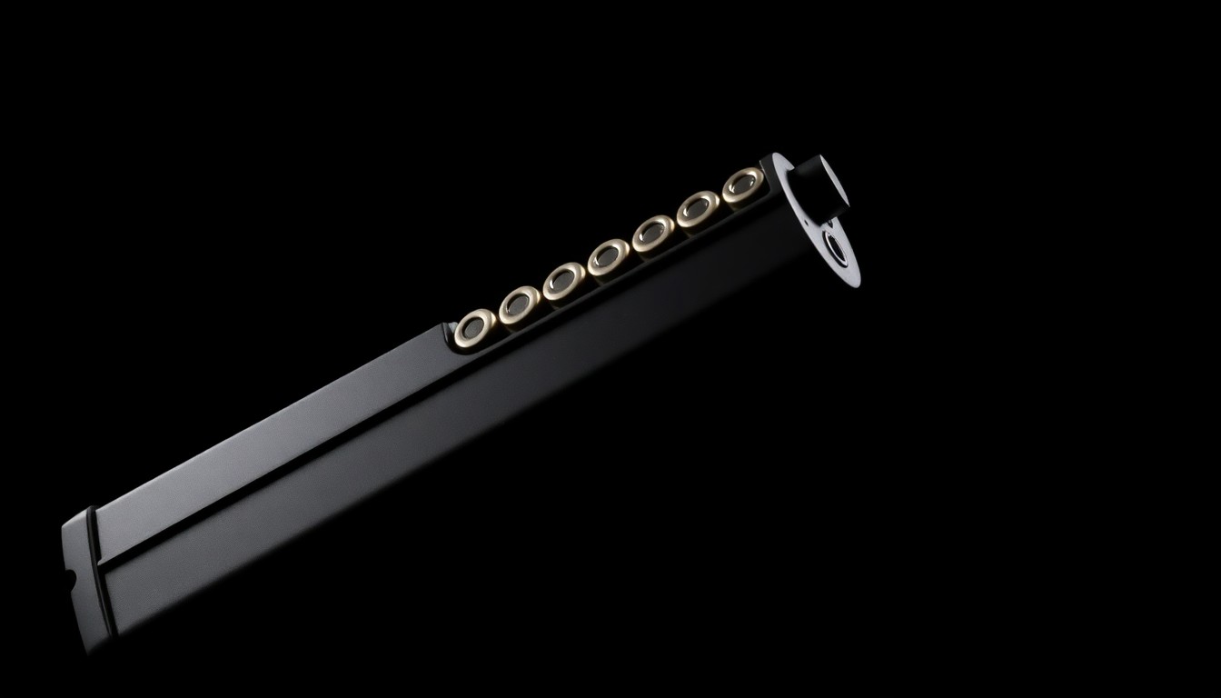 An extreme close-up photograph of a loaded handgun magazine against a pitch-black background, conveying the stark, gritty, and investigative nature of the crime scene evidence.