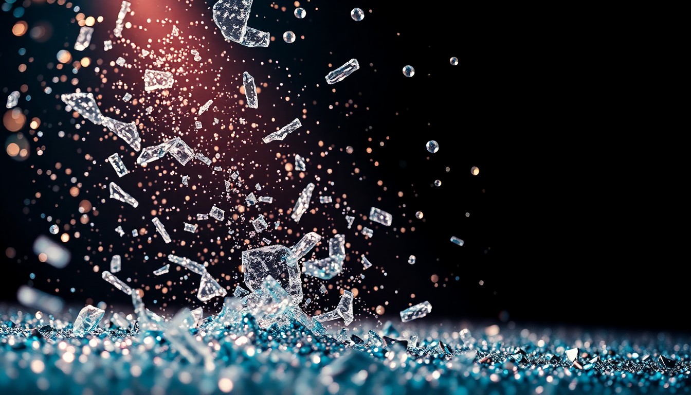An abstract close-up image of shattered glass and glittering sequins, captured in dramatic high-contrast studio lighting to convey the energy and excitement of a new Foo Fighters album release.