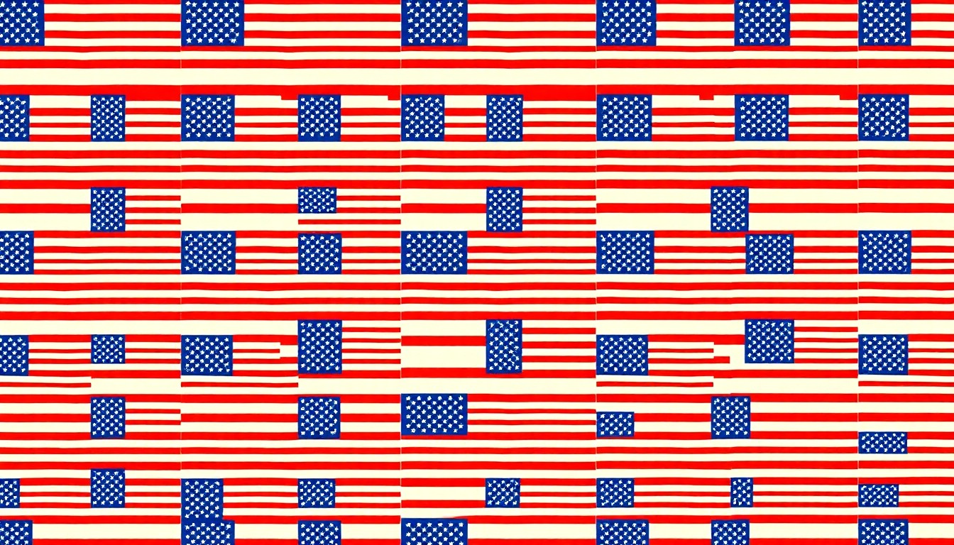 A bold, colorful silkscreen print featuring an abstracted American flag motif repeated in a grid pattern, capturing the celebratory spirit of the National Harbor's 250th anniversary events.
