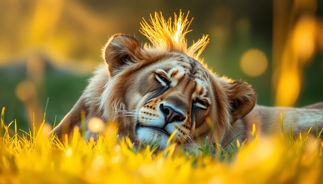 An extremely abstracted, out-of-focus photograph of a lion resting in a grassy field, with soft pools of warm light and color creating a dreamlike, nostalgic atmosphere that captures the peaceful mood of Jillian's life at the sanctuary.