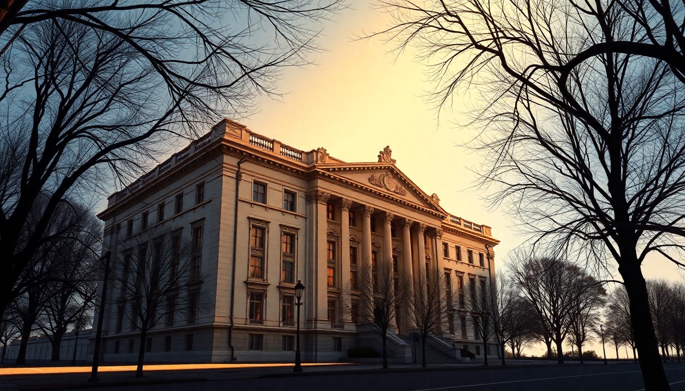 A cinematic painting of the Eisenhower Executive Office Building in Washington, D.C., with its ornate French Second Empire-style architecture bathed in warm, diagonal sunlight and deep shadows, conceptually illustrating the tension between historic preservation and political change.