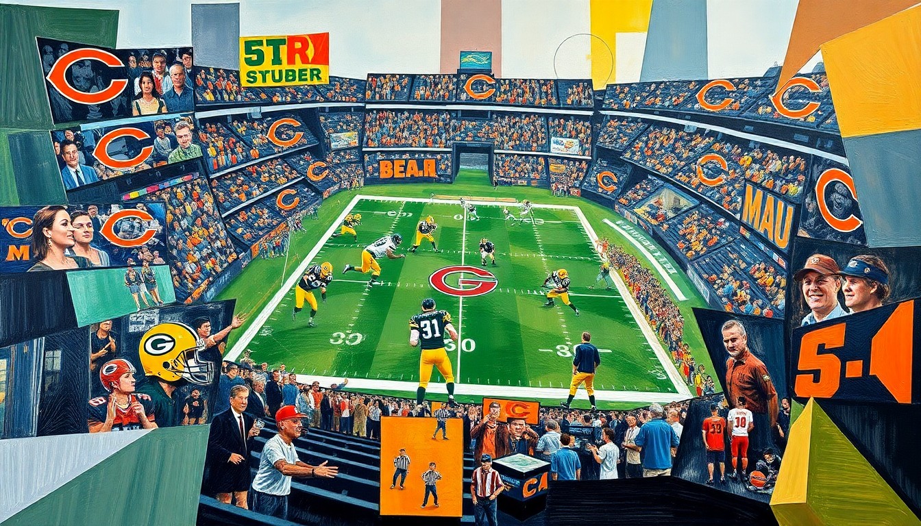 A cubist-style painting depicting a football game between the Green Bay Packers and the Chicago Bears, with the players and action broken down into sharp, overlapping geometric shapes and planes of color.
