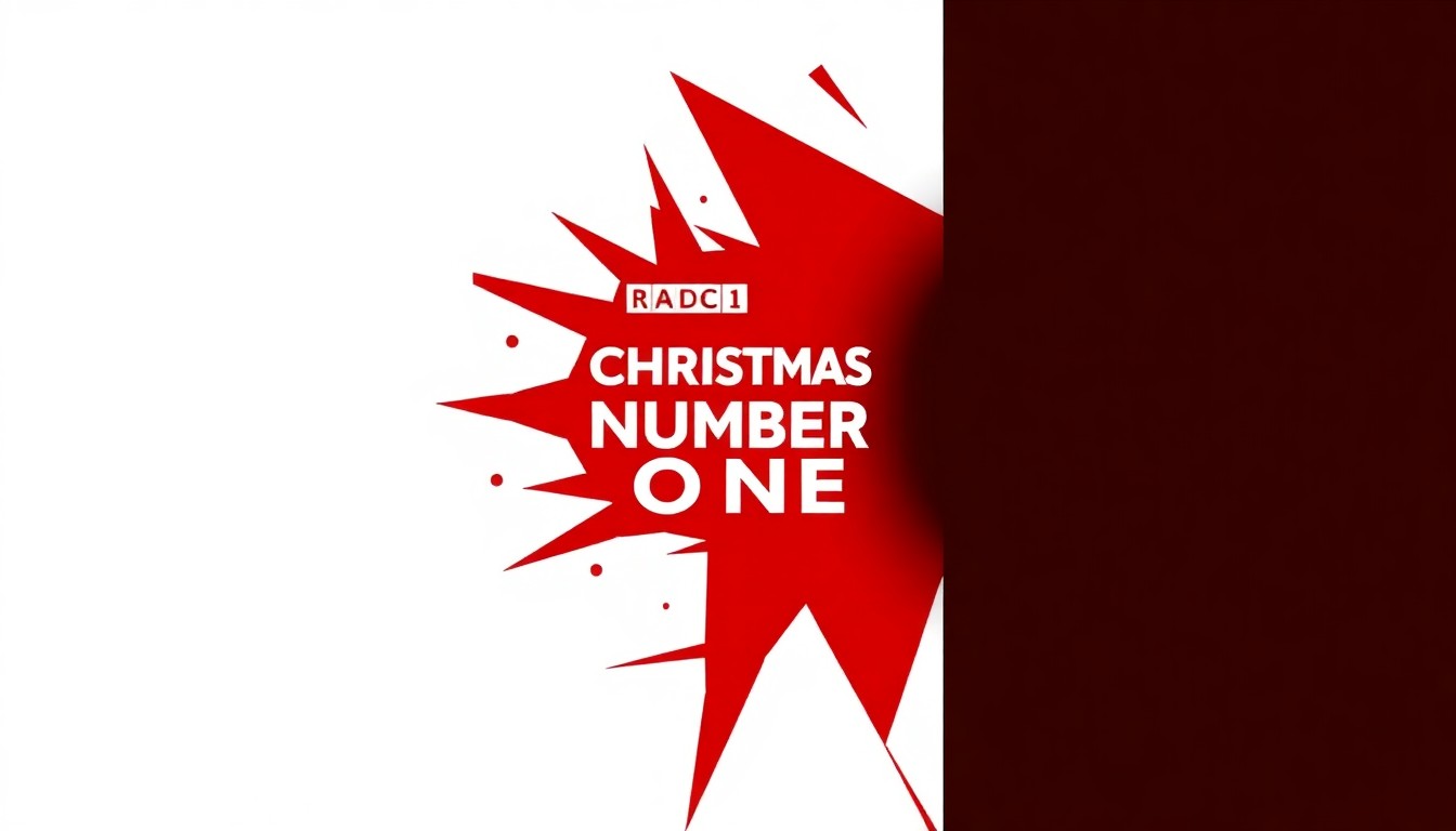 A vibrant, abstract composition using bold, geometric shapes in red, white, and black to capture the energy and anticipation of the Christmas Number One countdown on BBC Radio 1.
