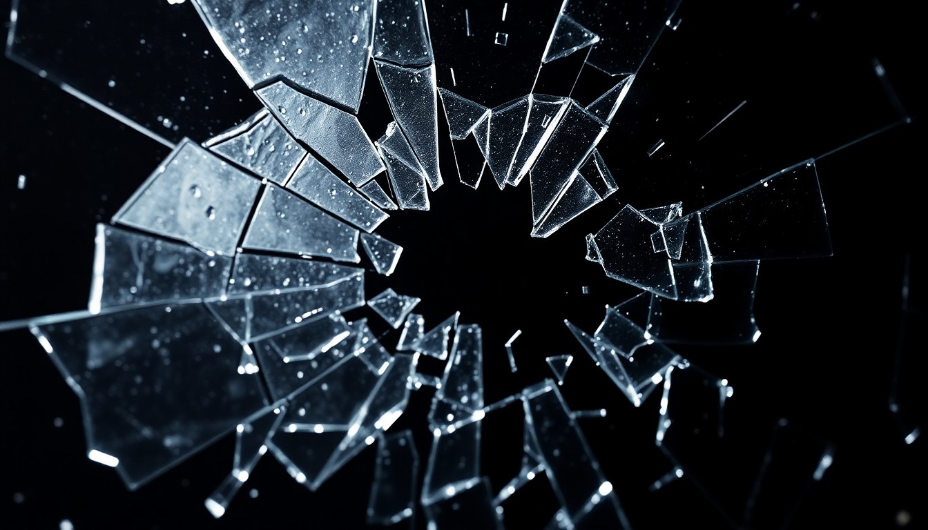 An abstract, high-contrast close-up photograph of shattered glass, conveying the fragility and heartbreak of a family crisis.