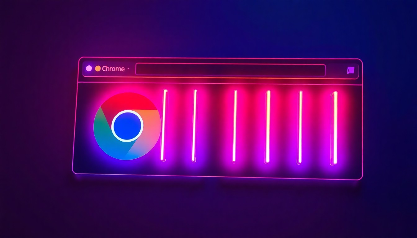 A glowing, 3D macro illustration of a Chrome browser window with vertical tabs illuminated by neon lights, representing the new organizational features that ground digital productivity in physical, high-tech reality.
