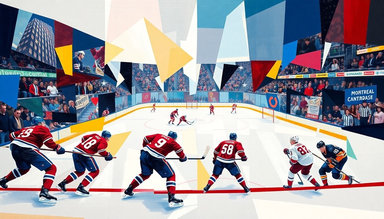 A fractured, cubist-style painting depicting a hockey game or match, with sharp geometric planes in the Canadiens' red, blue, and white colors, as well as those of an opposing team, conceptually representing the team's aggressive approach to the trade deadline.