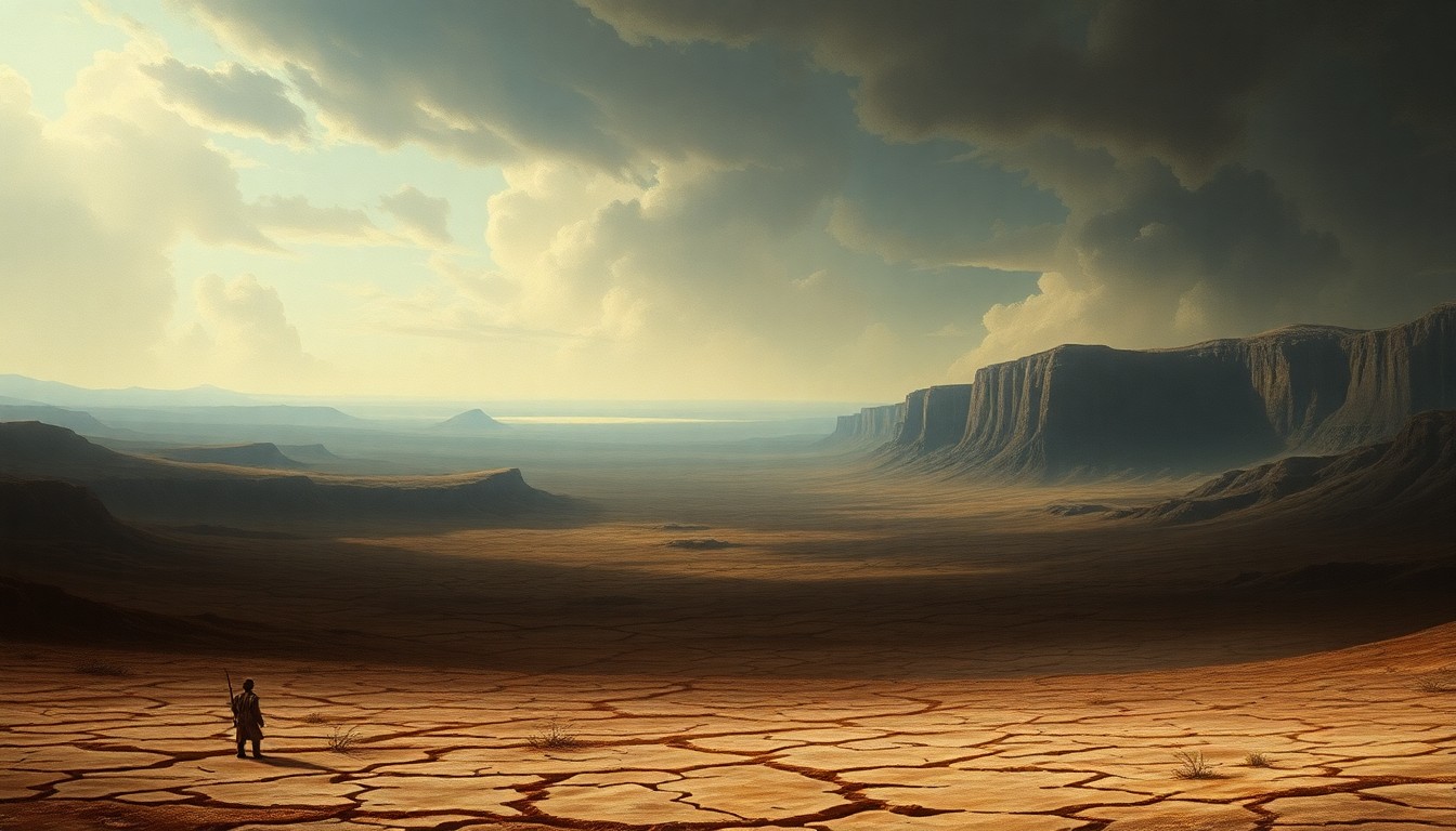 A sweeping, atmospheric landscape painting depicting a vast, parched expanse of cracked earth and sparse vegetation, conveying the overwhelming scale and melancholic mood of a severe drought.
