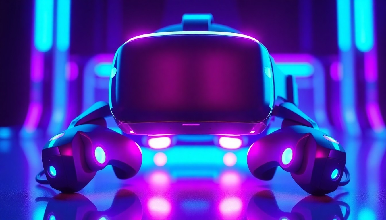 A highly detailed, glowing 3D macro illustration of a futuristic virtual reality headset and controllers, bathed in neon cyan and magenta lights, conceptually representing the immersive nature of VR technology.