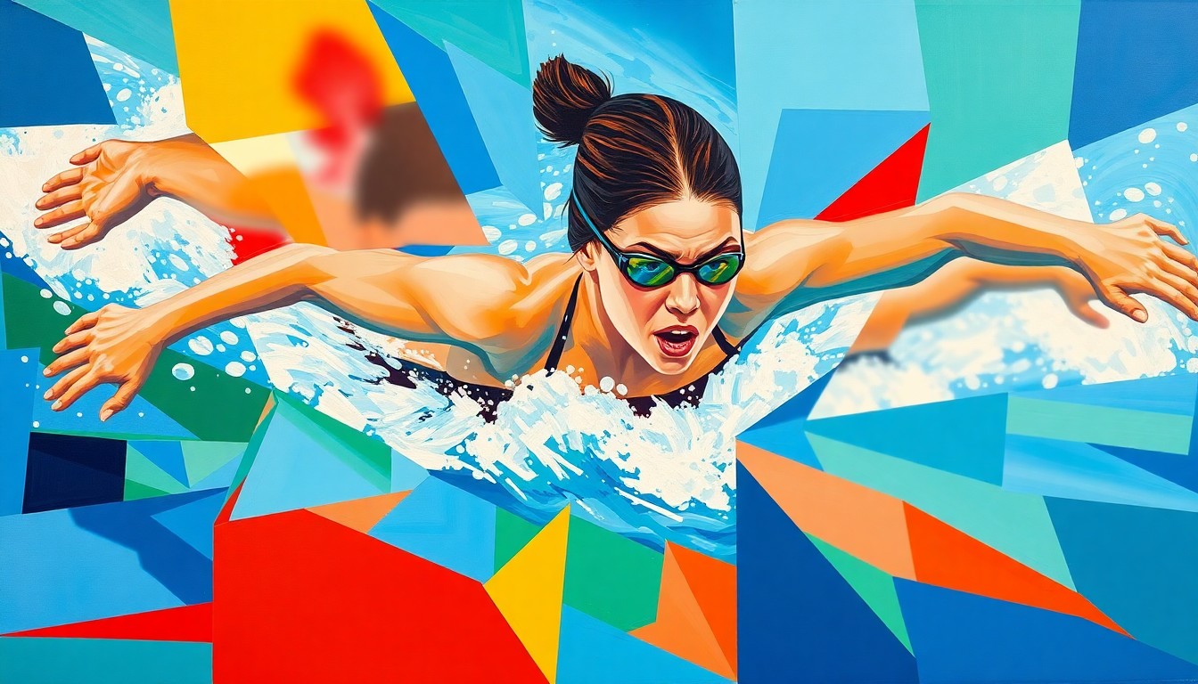 A fragmented, geometric painting depicting the fluid movements and competitive spirit of a young female swimmer during a freestyle race, rendered in a cubist style with vibrant blues, greens, and reds.