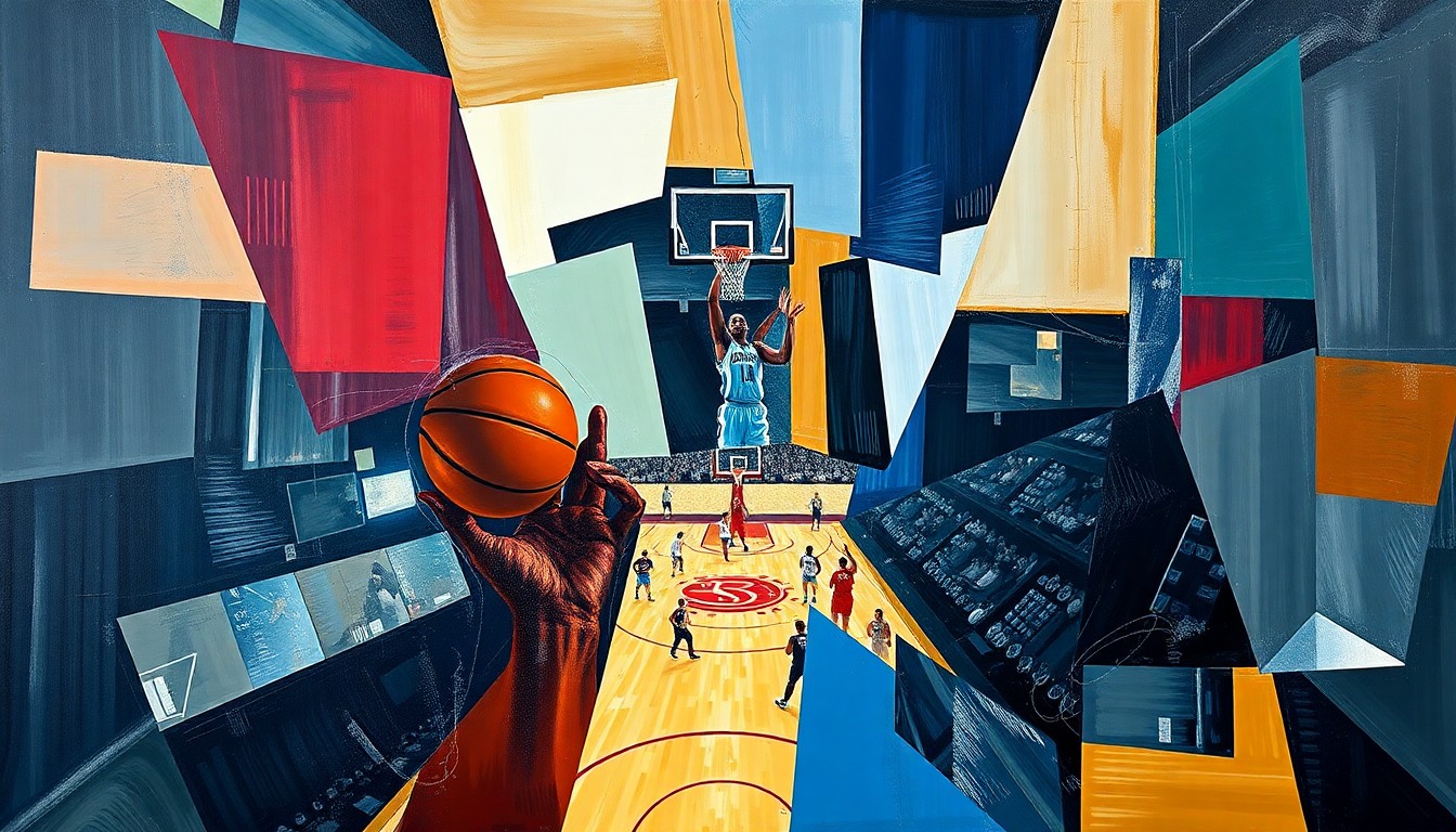 A cubist-style painting depicting a fragmented WNBA basketball game, with sharp geometric shapes and planes of color representing the complex negotiations between the players' union and the league.