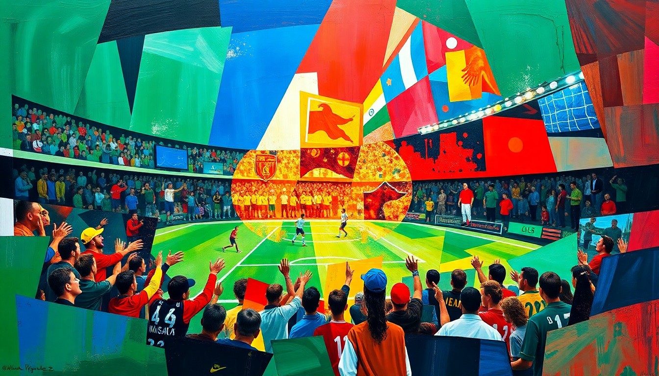 A fractured, multi-perspective painting in bold, vibrant colors depicting a soccer celebration, with players and fans broken down into sharp, overlapping geometric shapes.