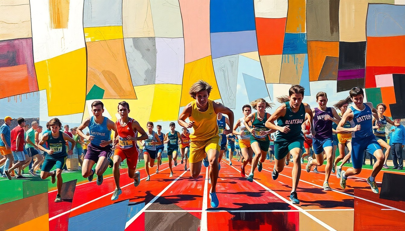 A fragmented, geometric painting depicting athletes in motion on a track, with sharp planes of bright colors representing their uniforms and the dynamic nature of the competition.