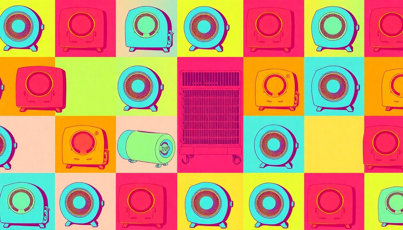 A high-contrast, silkscreen-style illustration featuring a repeated pattern of a single, iconic home heating object, such as a thermostat or space heater, rendered in a palette of bright, neon colors with heavy black outlines, conceptually representing the creative and cost-effective ways to stay warm at home.