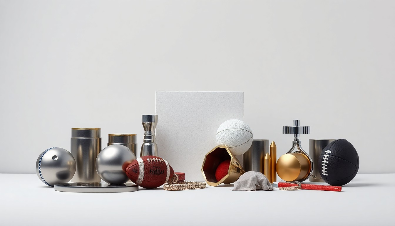 A minimalist studio still life featuring a collection of sleek, geometric objects in muted tones, conceptually representing the complex legal and commercial issues surrounding the use of iconic college sports logos and trademarks.