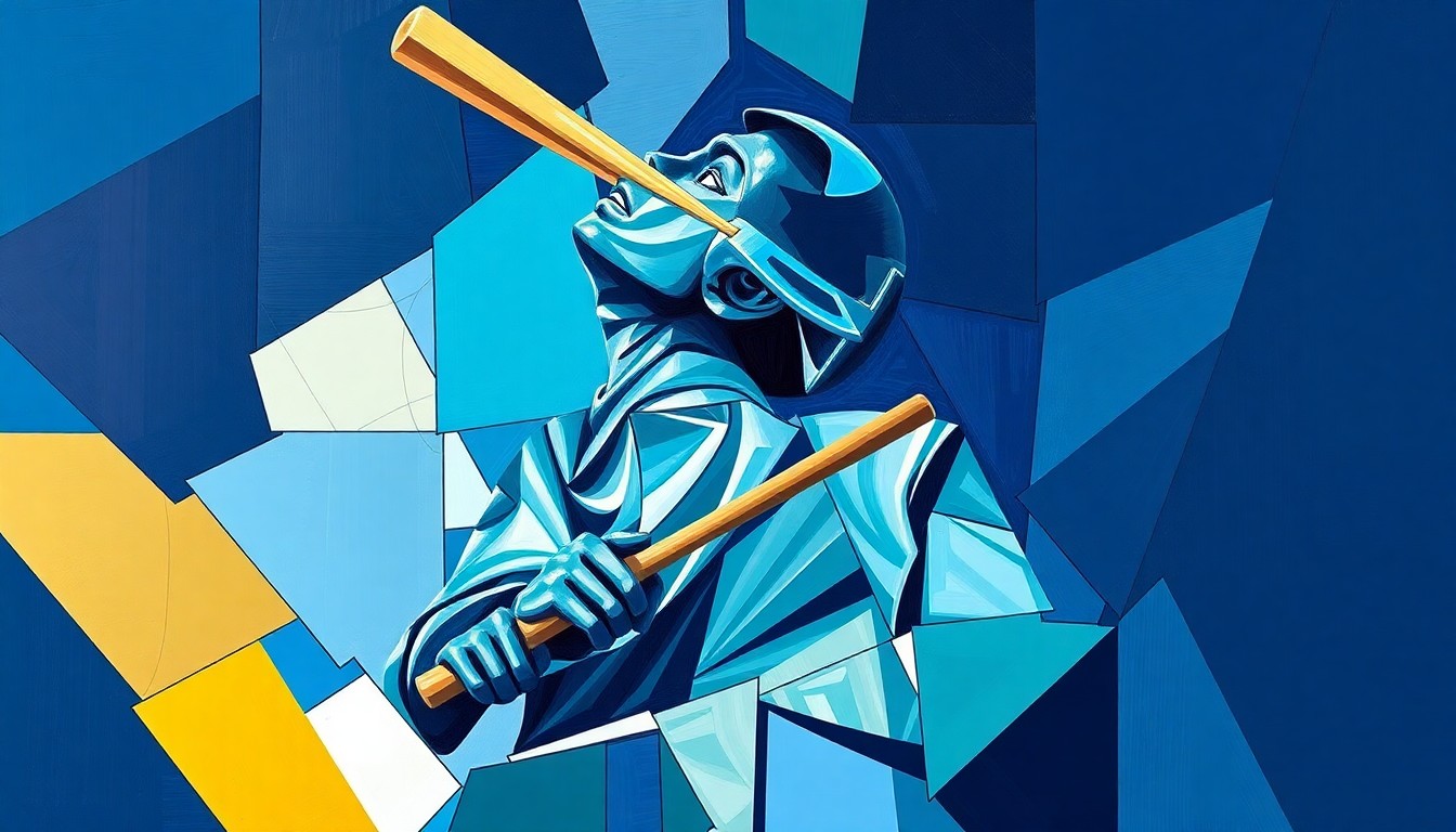 A cubist, geometric painting depicting the Ichiro statue in Seattle, with the player's bat bent at a sharp angle, breaking the scene down into fragmented, overlapping planes of color.