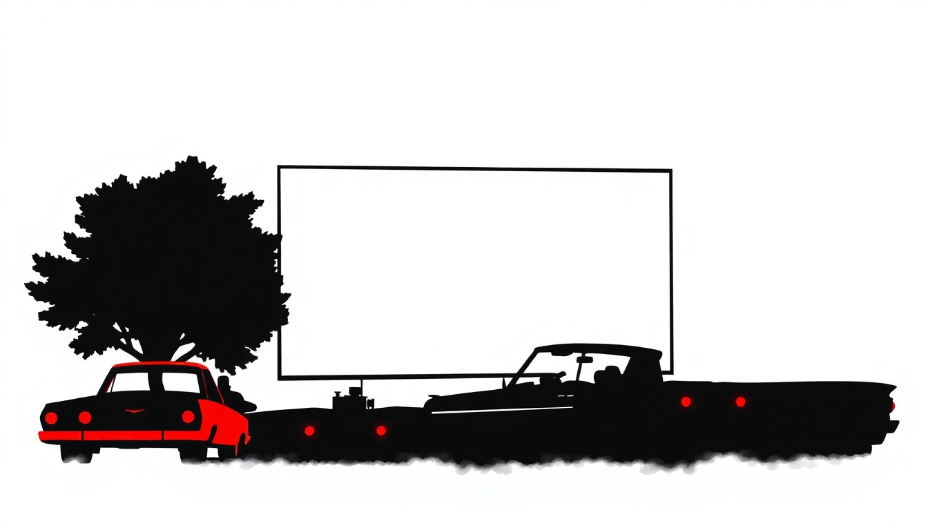 A minimalist, abstract illustration featuring bold black silhouettes of classic drive-in theater elements like a giant movie screen, a vintage car, and a retro-style snack bar, all set against a high-contrast background of solid red and white shapes.