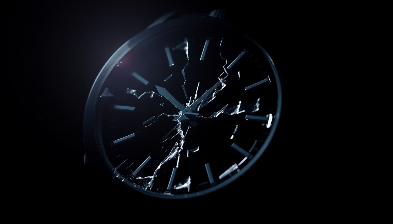 An extreme close-up photograph of a shattered watch face against a pitch-black background, conceptually illustrating the aftermath of an armed robbery.